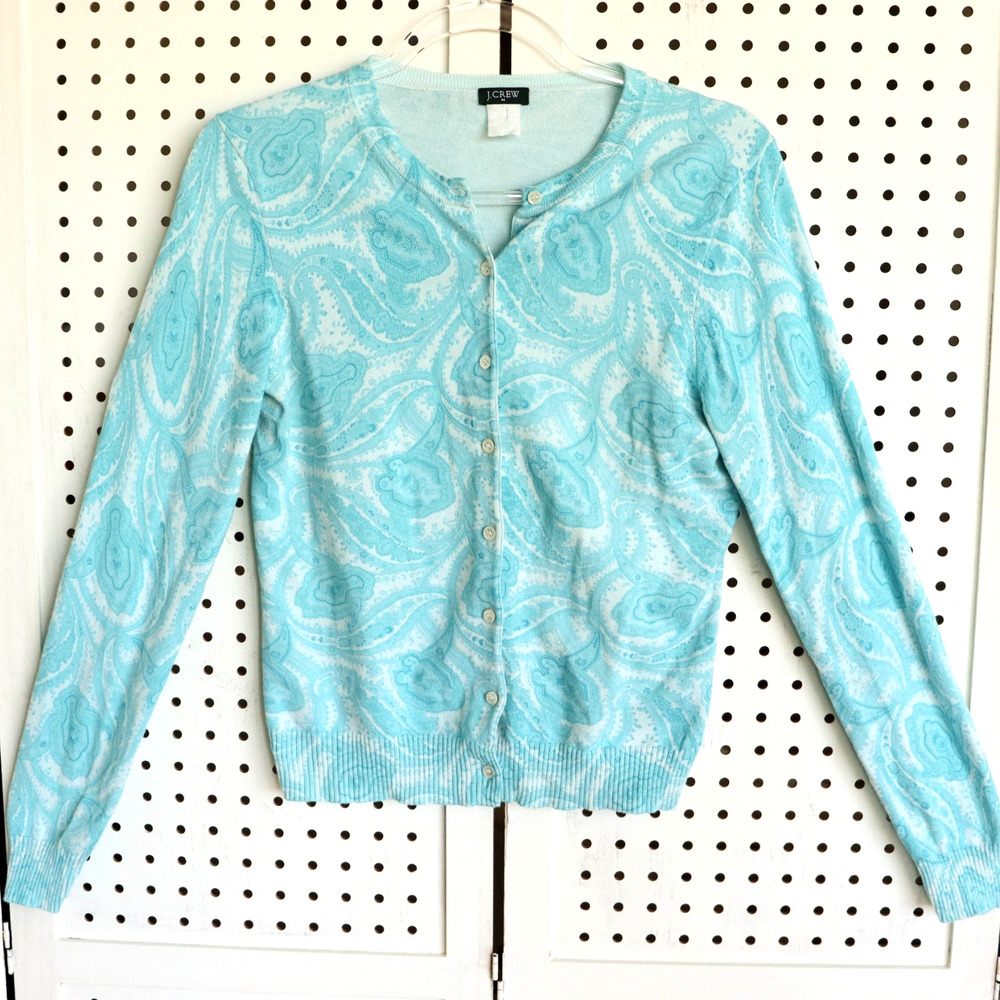 J CREW Womens SIZE S BlLue Paisley‎ LS Button Up Cardigan Lightweight